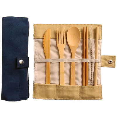 Portable Bamboo Travel Cutlery Set Chopsticks Spoon Straw Six Piece Cloth Bag Packing