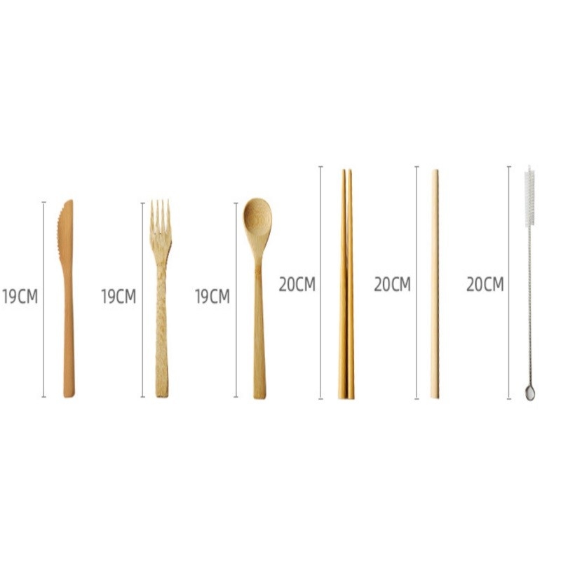 Portable Bamboo Travel Cutlery Set Chopsticks Spoon Straw Six Piece Cloth Bag Packing