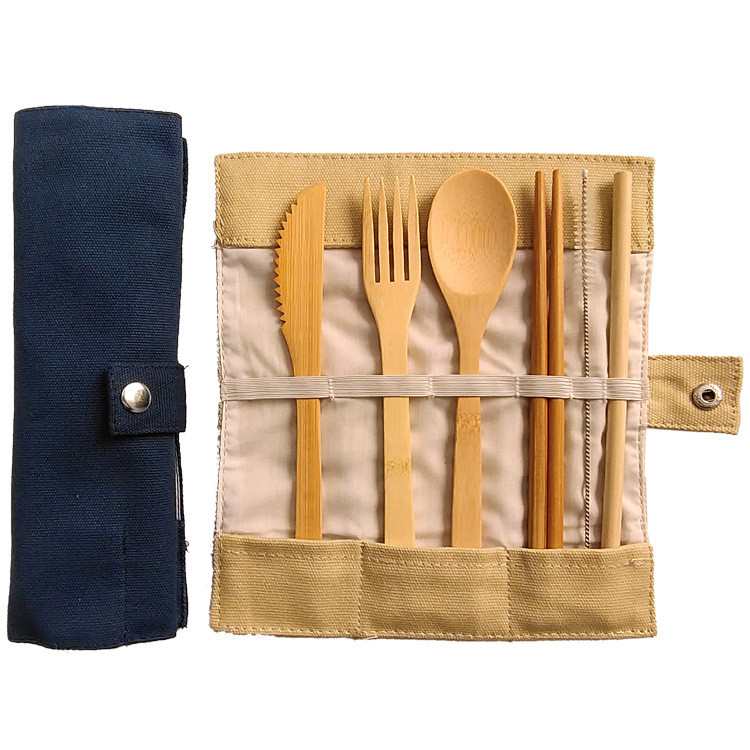 Portable Bamboo Travel Cutlery Set Chopsticks Spoon Straw Six Piece Cloth Bag Packing
