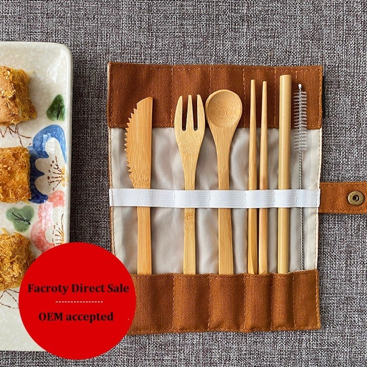 Portable Bamboo Travel Cutlery Set Chopsticks Spoon Straw Six Piece Cloth Bag Packing