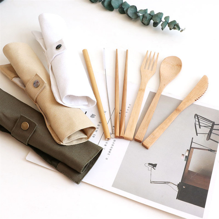 Portable Bamboo Travel Cutlery Set Chopsticks Spoon Straw Six Piece Cloth Bag Packing